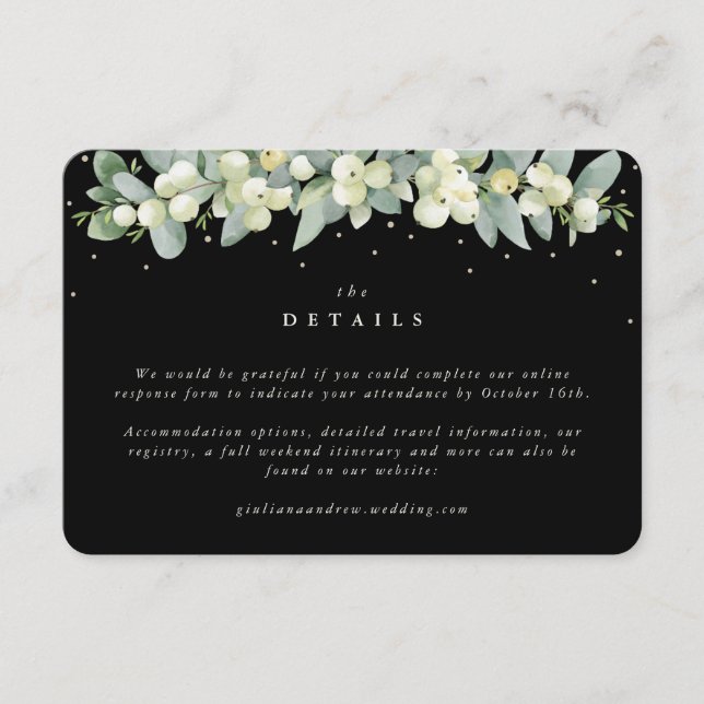 Kleine schwarze Snowberry+Eukalyptus Hochzeitdetai Begleitkarte (Vorderseite)