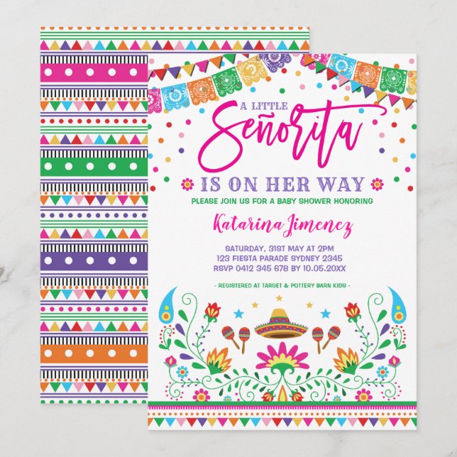 Kleine Senorita Fiesta Babydusche mexikanische Flo Einladung (Vorne/Hinten)