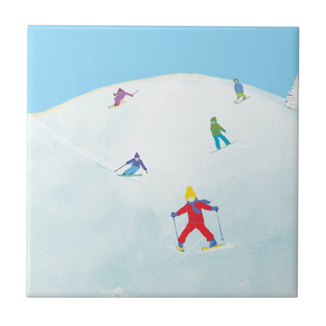 Kleine Skifahrer auf dem Snowy Hill Fliese (Vorderseite)
