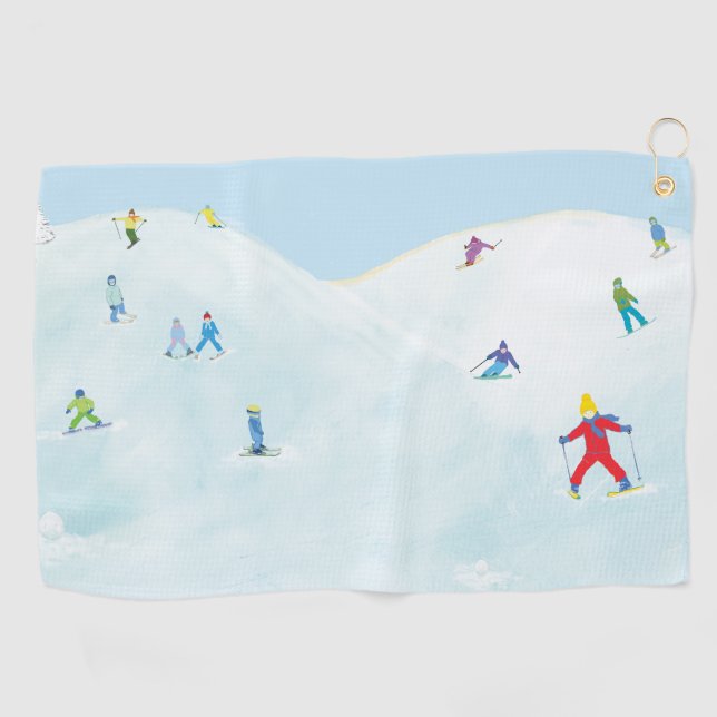 Kleine Skifahrer auf dem Snowy Hill Golfhandtuch (Horizontal)