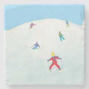 Kleine Skifahrer auf dem Snowy Hill Steinuntersetzer