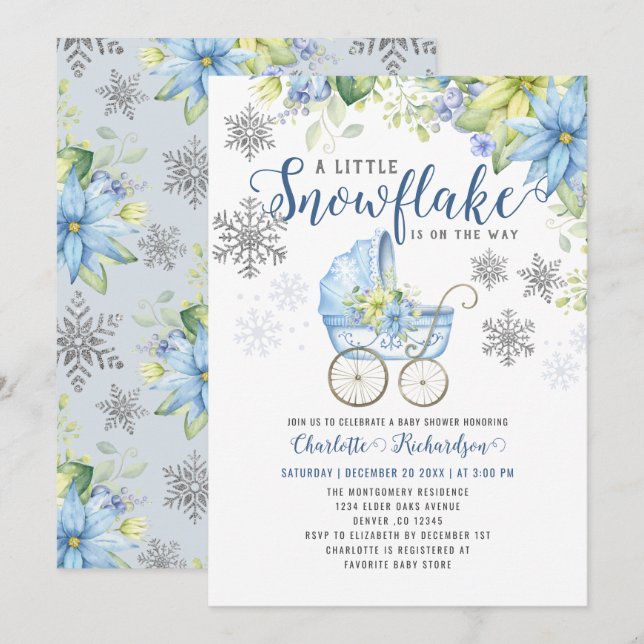 Kleine Snowflake Blue Floral Winter Baby Dusche Einladung (Vorne/Hinten)