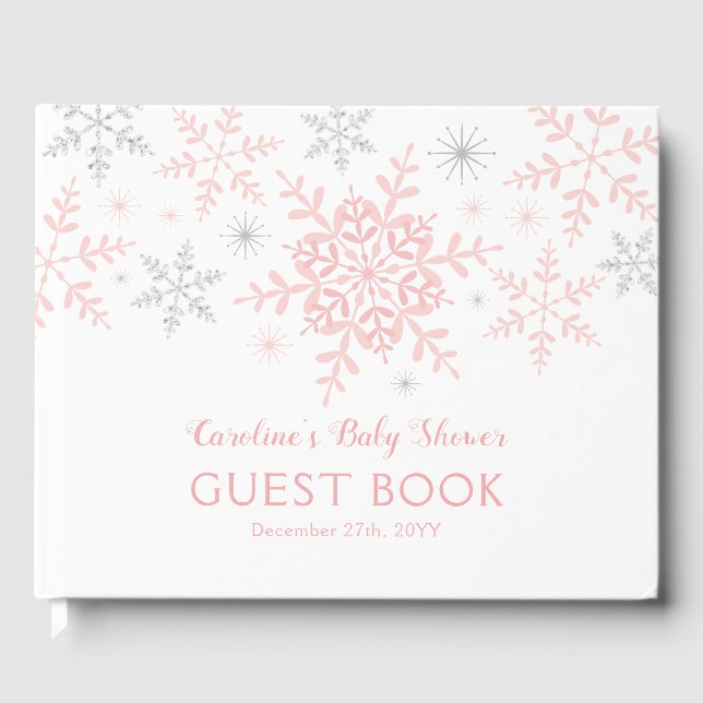 Kleine Snowflake Girl Babydusche in rosa Silber Gästebuch (Vorderseite)