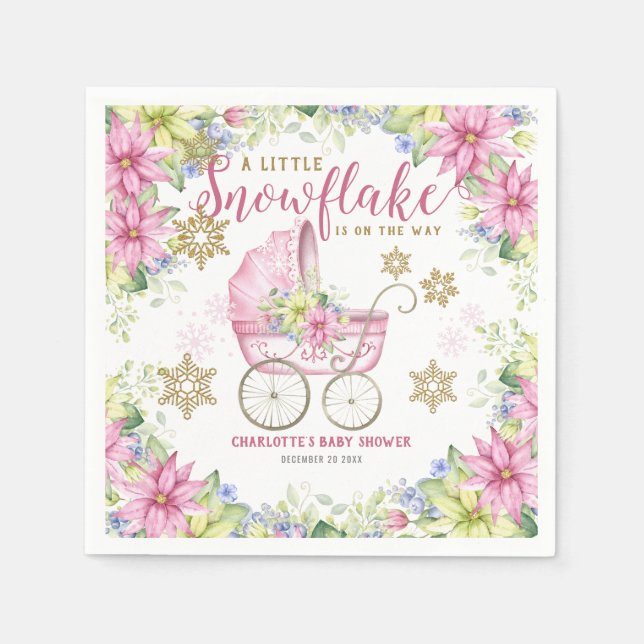 Kleine Snowflake Winter Floral Pink Baby Dusche Serviette (Vorderseite)