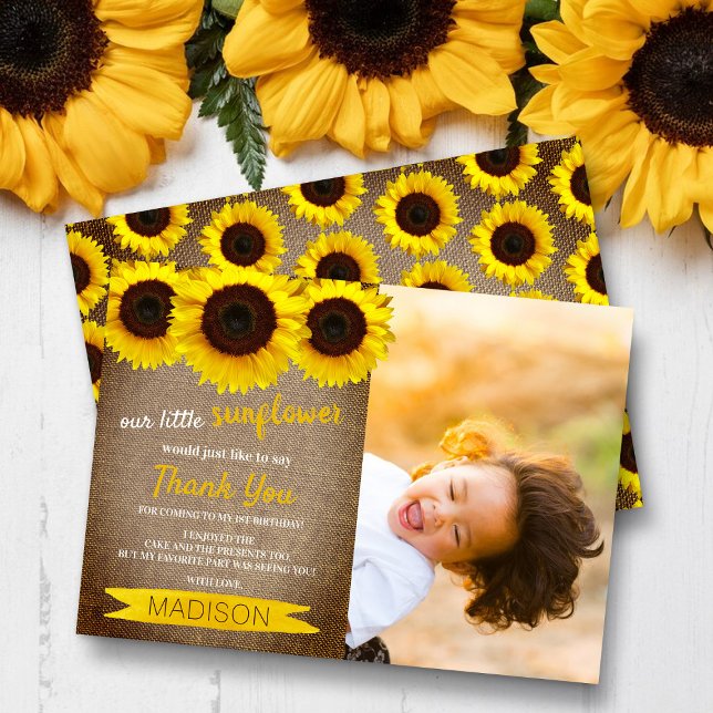 Kleine Sonnenblume Rustikales Burlap-Foto Geburtst Dankeskarte (Von Creator hochgeladen)