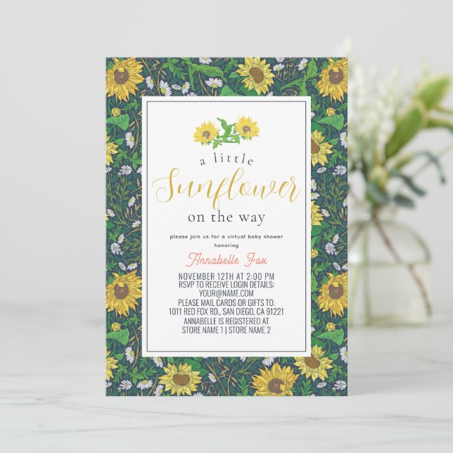 Kleine Sonnenblumenmuster Navy Virtual Baby Dusche Einladung (Stehend Vorderseite)