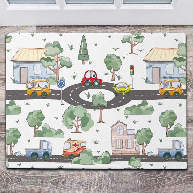 Kleine Stadt und Autos farbenfrohe Muster Fußmatte (Von Creator hochgeladen)