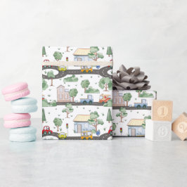 Kleine Stadt und Autos farbenfrohe Muster Geschenkpapier