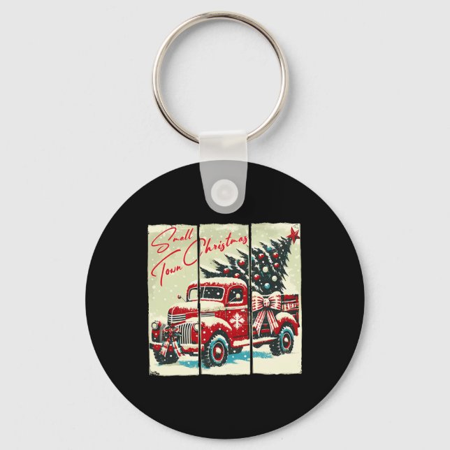 Kleine Stadt Weihnachten Roter LKW Weihnachtsbaum  Schlüsselanhänger (Vorderseite)