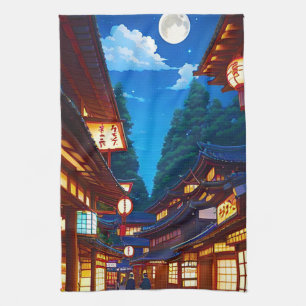 Kleine Straße in einer japanischen Stadt bei Nacht Geschirrtuch