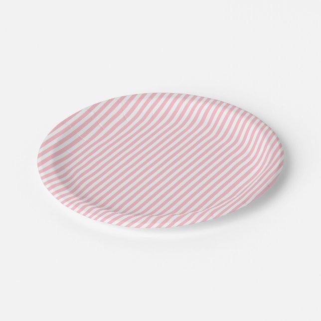 Kleine Streifen in rosa und weiß Pappteller (Schrägansicht)