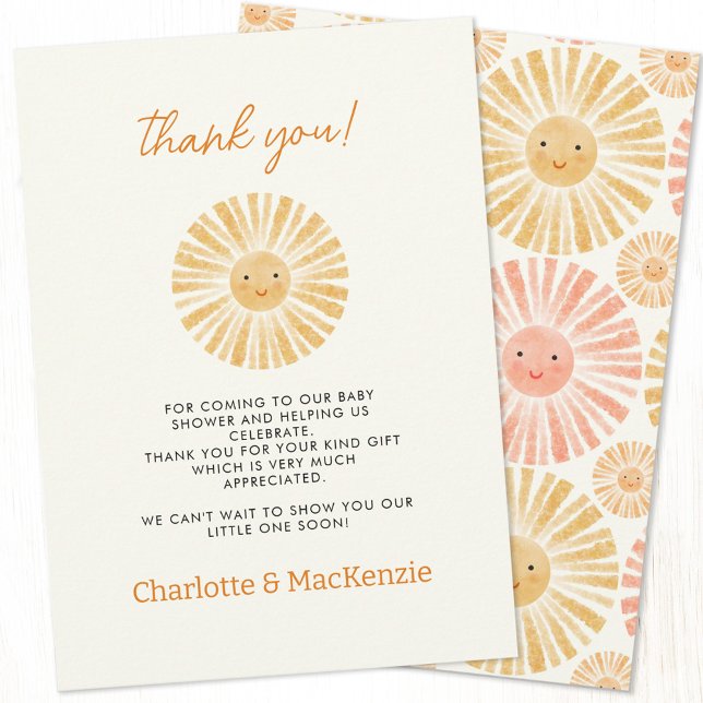 Kleine Sunshine Baby Dusche Danke Karte (Little ray of sunshine baby shower thank you card with custom text)