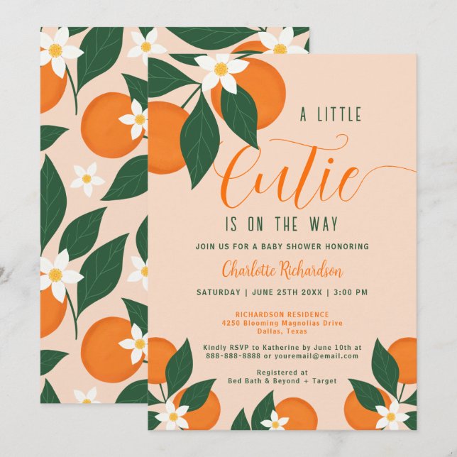 Kleine Süsse auf dem Weg Citrus Orange Babydusche Einladung (Vorne/Hinten)