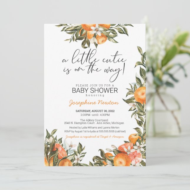 Kleine Süsse auf der Way Orange Citrus Baby Dusche Einladung (Stehend Vorderseite)