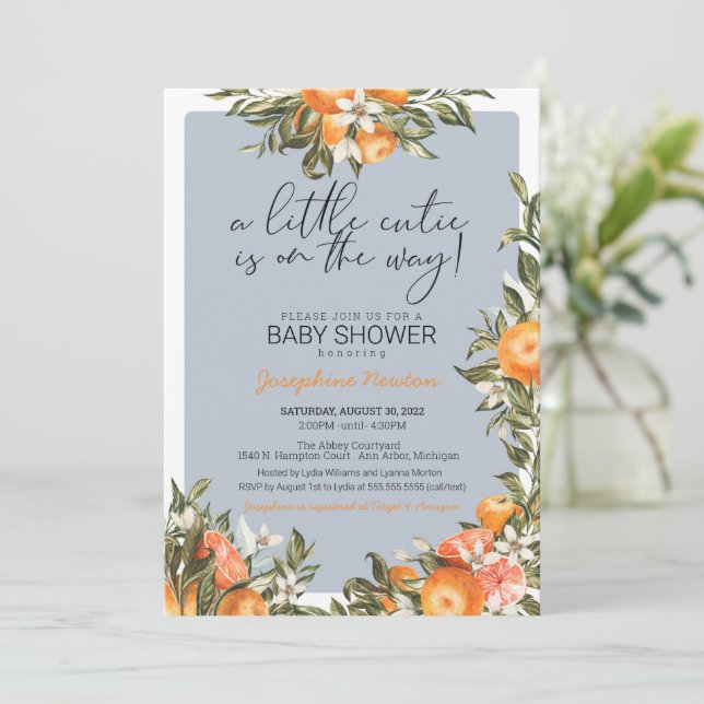 Kleine Süsse auf der Way Orange Citrus Baby Dusche Einladung (Stehend Vorderseite)