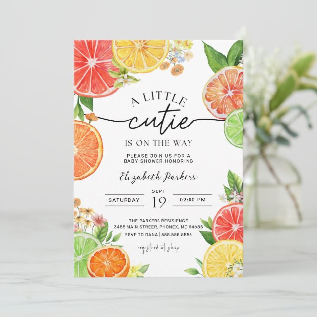 Kleine Süsse Baby Citrus Dusche Einladung (Stehend Vorderseite)