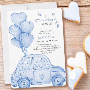 Kleine Süße Blaue Auto- und Ballon-Baby-Party Einladung