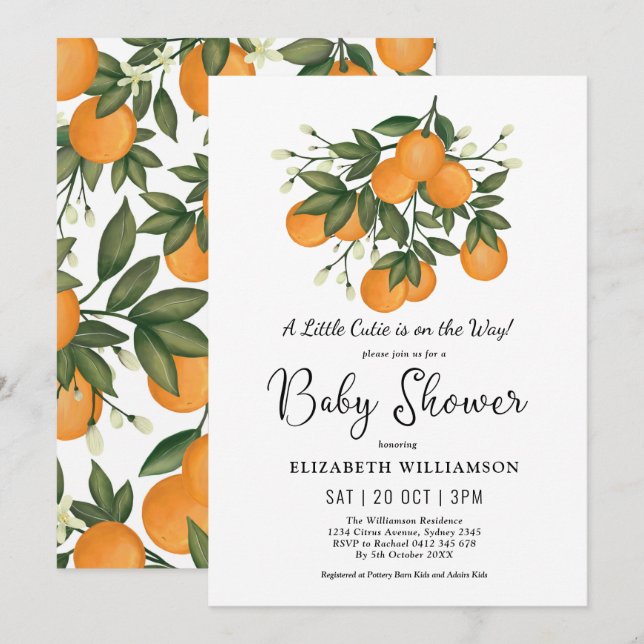 Kleine Süsse Botanischer Citrus Orangen Babydusche Einladung (Vorne/Hinten)