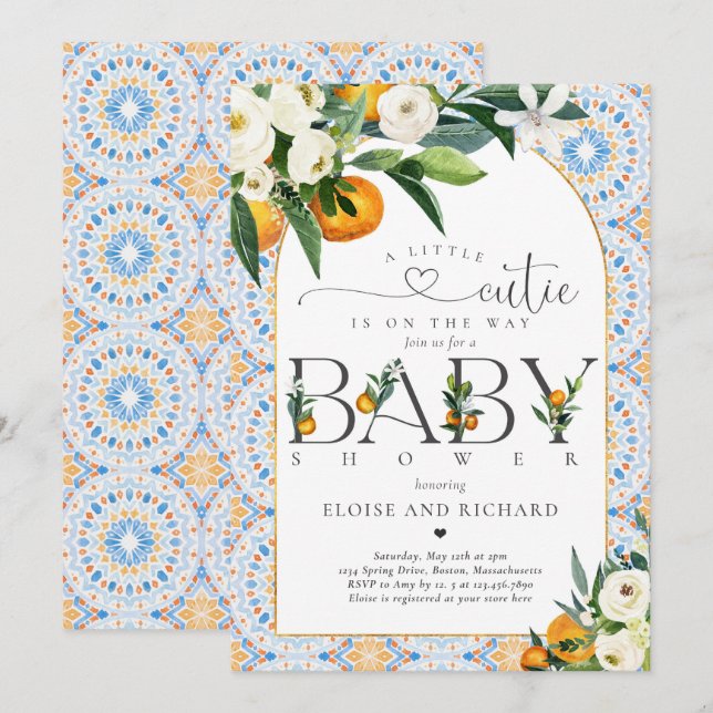 Kleine Süsse Citrus Botanical Orange Babydusche Einladung (Vorne/Hinten)