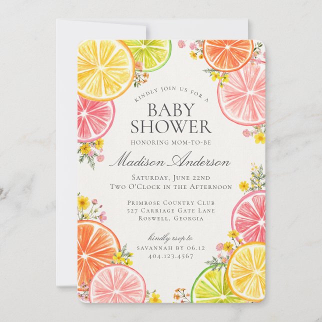 Kleine Süsse Citrus Floral Orange Babydusche Einladung (Vorderseite)