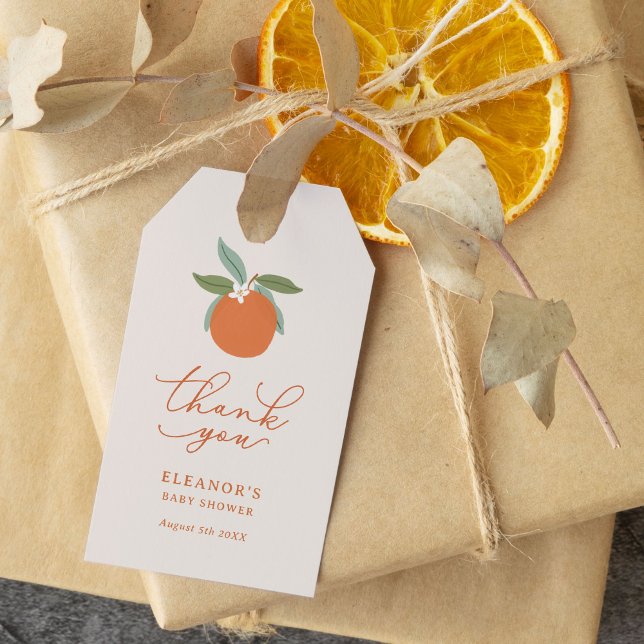 Kleine Süsse Citrus Orange Babydusche Geschenkanhänger (little cutie citrus orange baby shower gift tags with thank you script)