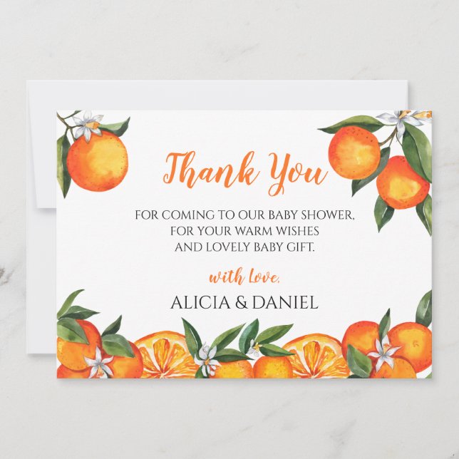 Kleine Süsse Clementine Orange Babydusche Dankeskarte (Vorderseite)