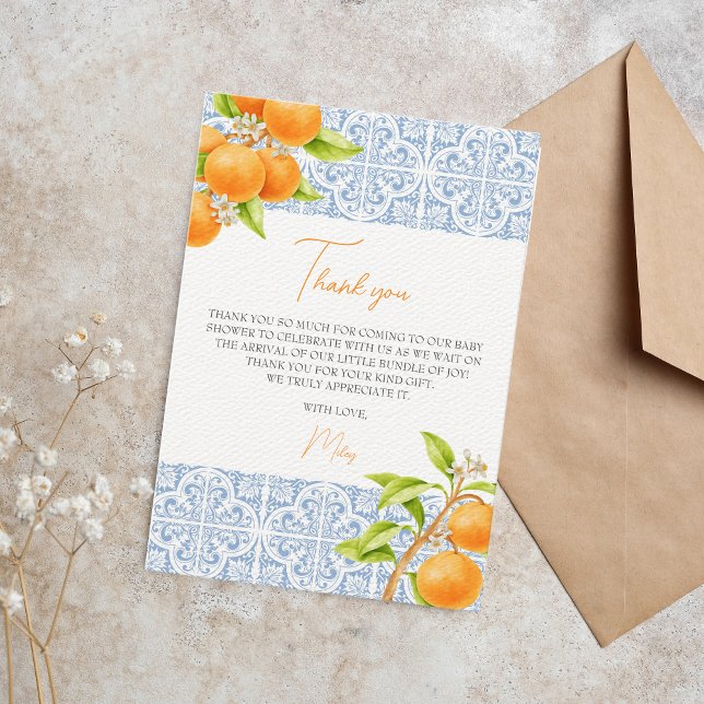 Kleine Süsse Mediterrane Tile Orange Babydusche Dankeskarte (thank you, little cutie baby shower)