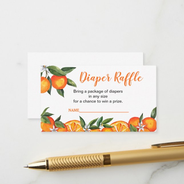 Kleine Süsse Orange Baby Duschdusche Windeln Raffl Begleitkarte (Vorderseite/Rückseite Beispiel)