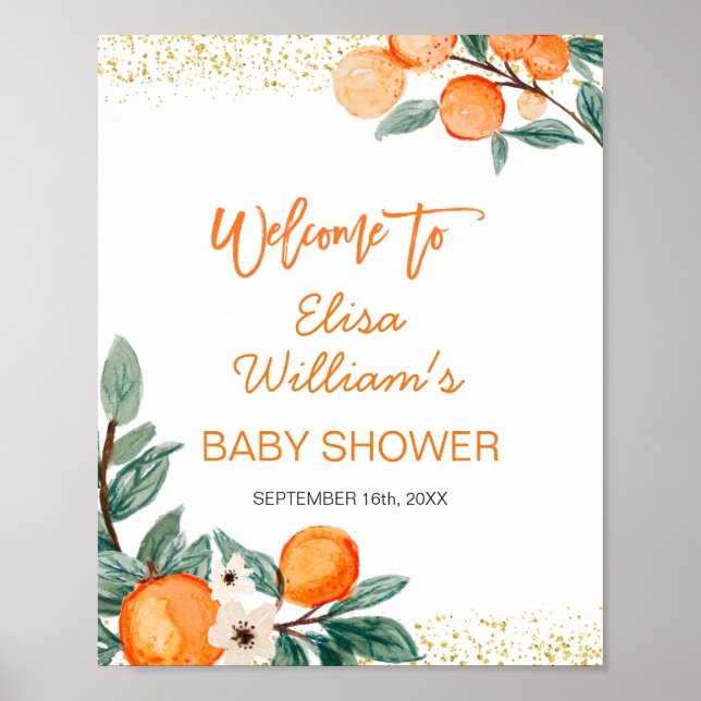 Kleine Süsse Orange Babydusche Begrüßungszeichen Poster (Vorne)