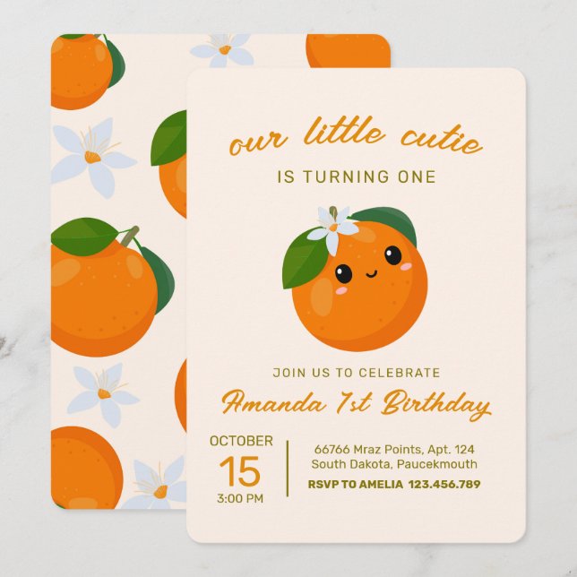 Kleine Süsse Orange Citrus 1. Geburtstag Einladung (Vorne/Hinten)