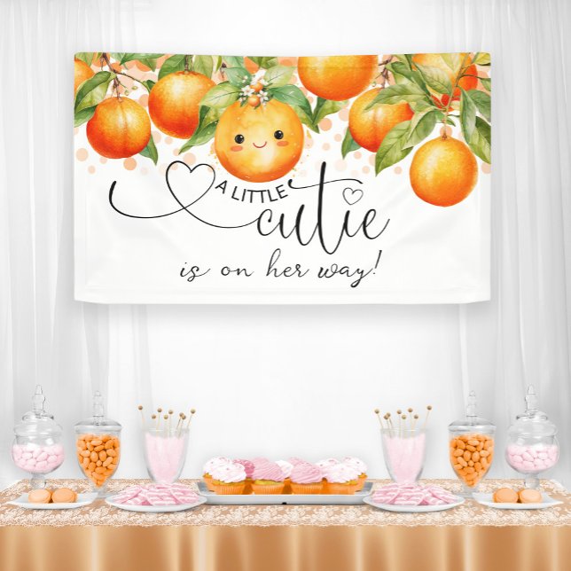 Kleine Süsse Orange Citrus Baby Dusche Banner (Little cutie baby shower banner with adorable baby face.)