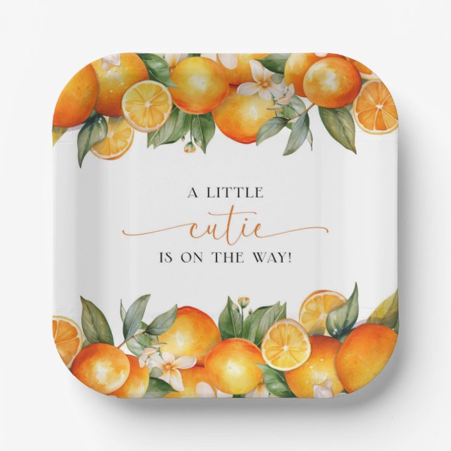 Kleine Süsse Orange Citrus Baby Dusche Pappteller (Vorderseite)