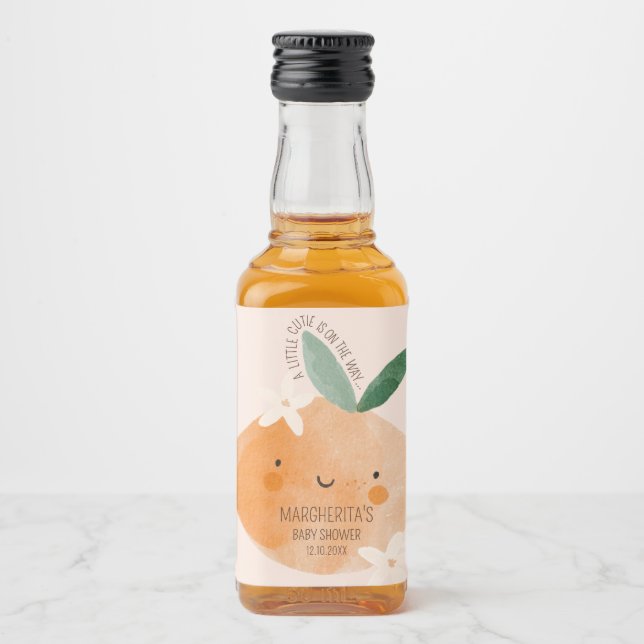 Kleine Süsse Orange Citrus Botanical Baby Dusche Alkoholflaschenetikett (Vorderseite)