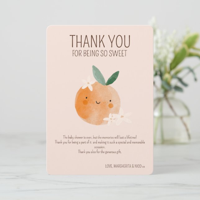 Kleine Süsse Orange Citrus Botanical Baby Dusche Dankeskarte (Stehend Vorderseite)