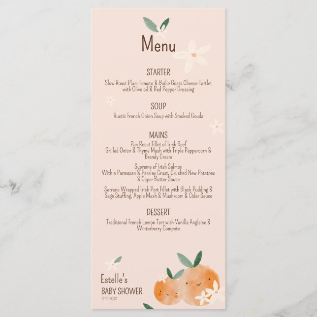Kleine Süsse Orange Citrus Botanical Baby Dusche Menükarte (Vorderseite)