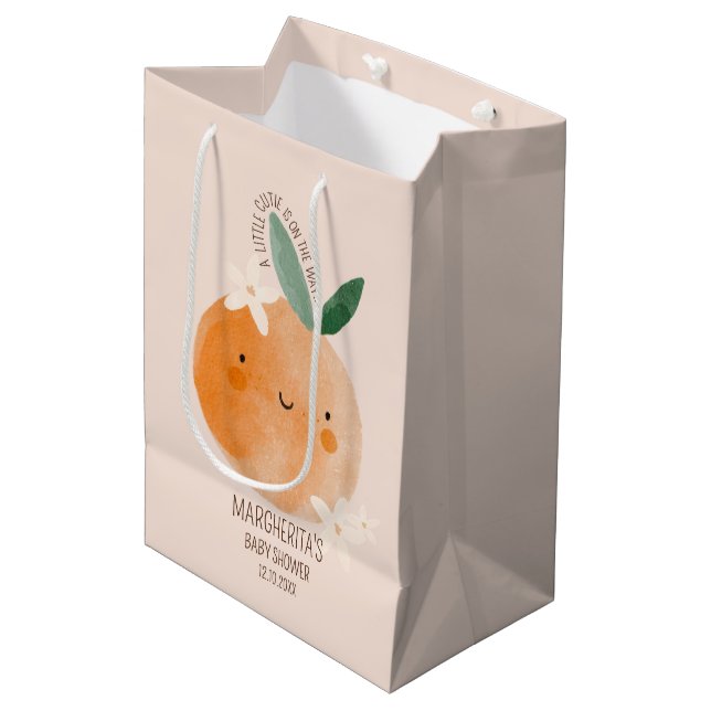 Kleine Süsse Orange Citrus Botanical Baby Dusche Mittlere Geschenktüte (Vorderseite Schrägansicht)