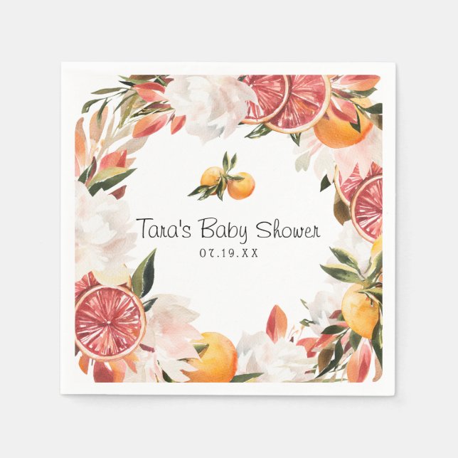 Kleine Süsse | Orange Citrus Botanical Baby Shower Serviette (Vorderseite)