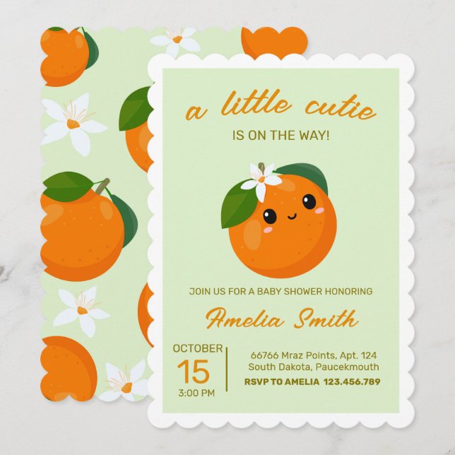 Kleine Süsse Orange Clementine Baby Dusche Einladung (Vorne/Hinten)