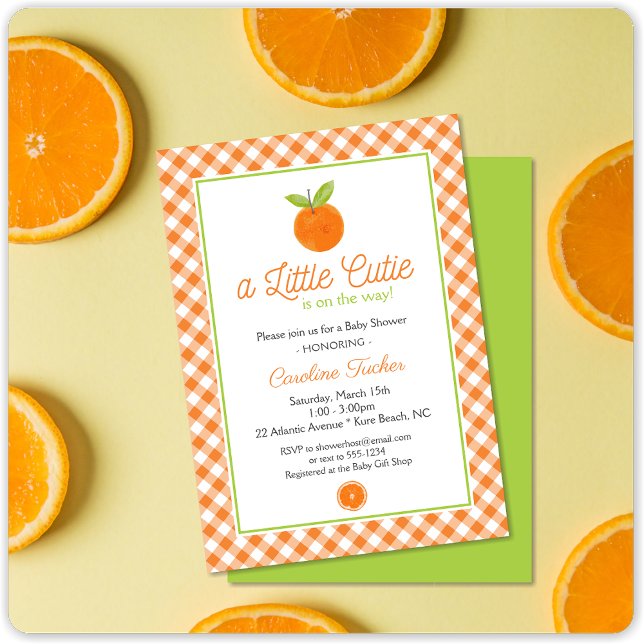Kleine Süsse Orange Clementine Gingham Baby Shower Einladung (Von Creator hochgeladen)