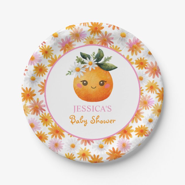 Kleine Süsse Orange Fruit mit Daisies Baby Dusche Pappteller (Vorderseite)