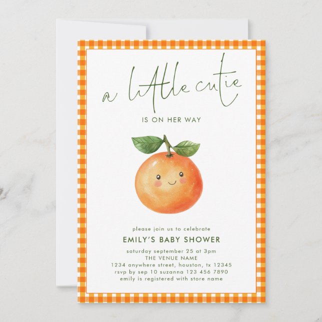 Kleine Süsse Orange Gingham Girl Babydusche Einladung (Vorderseite)