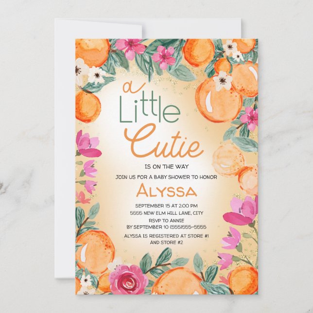 Kleine Süsse Orange Pink Blumenspülung Kinderdusch Einladung (Vorderseite)