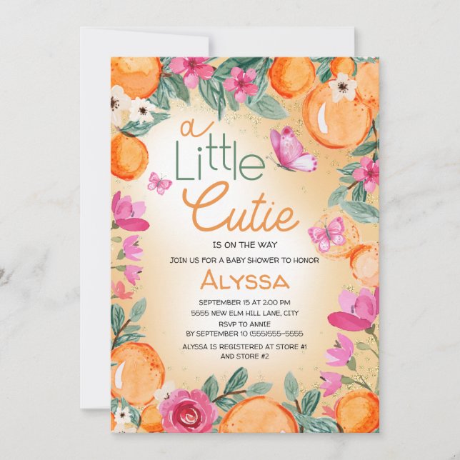 Kleine Süsse Orange Pink Floral Butterfliegen Einladung (Vorderseite)