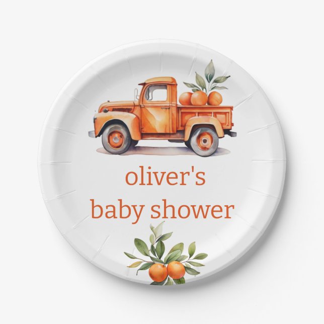 kleine Süsse Orangensaft Zitrusfrüchte Babydusche Pappteller (Vorderseite)