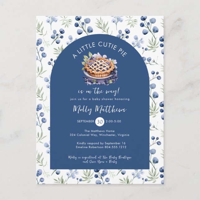 Kleine Süsse Pie Blue Floral Baby Dusche Postkarte (Vorderseite)