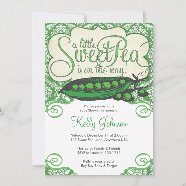 Kleine Sweet Pea Baby Dusche Einladung (Vorderseite)