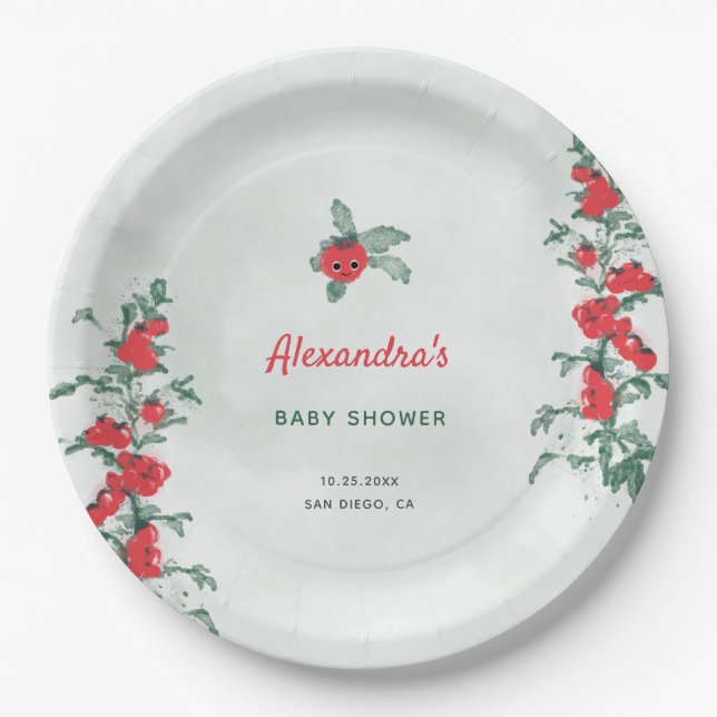Kleine Tomato Rustic Chic Watercolor Babydusche Pappteller (Vorderseite)