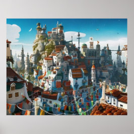 Kleine Touristenstadt Moderne Bergfantasie Poster