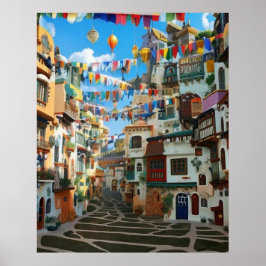 Kleine Touristenstadt viele bunte Häuser Lights Po Poster