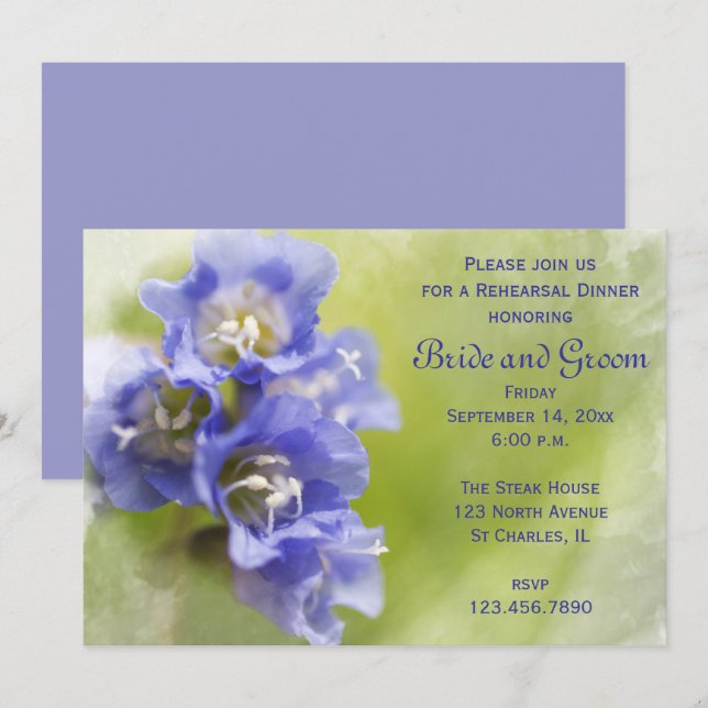 Kleine violette Blumen Hochzeitsessen Probe Einladung (Vorne/Hinten)